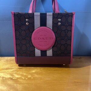 Coach Brown Signature Tote with Pink Trim and Stripe Detail